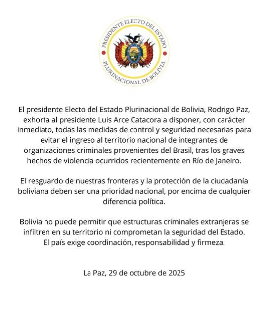 Comunicado de Rodrigo Paz 